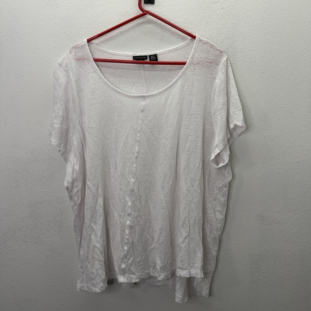 Tahari Women's Size 3X White 100% Linen Short Sleeve Scoop Neck Top Tee T Shirt
